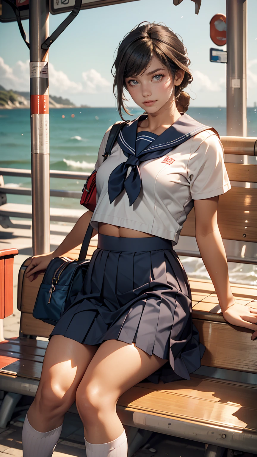 Japanese women、high school girl、White sailor suit summer uniform、Navy low rise pleated skirt、I can see my belly button、White socks、loafers、Carrying a school bag、Near the sea with a view of the horizon、Bus stop in the countryside、Sitting on an old plastic couch