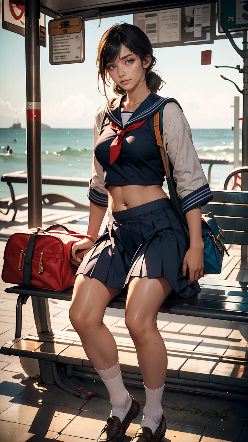 Japanese women、high school girl、White sailor suit summer uniform、Navy low rise pleated skirt、I can see my belly button、White socks、loafers、Carrying a school bag、Near the sea with a view of the horizon、Bus stop in the countryside、Sitting on an old plastic couch