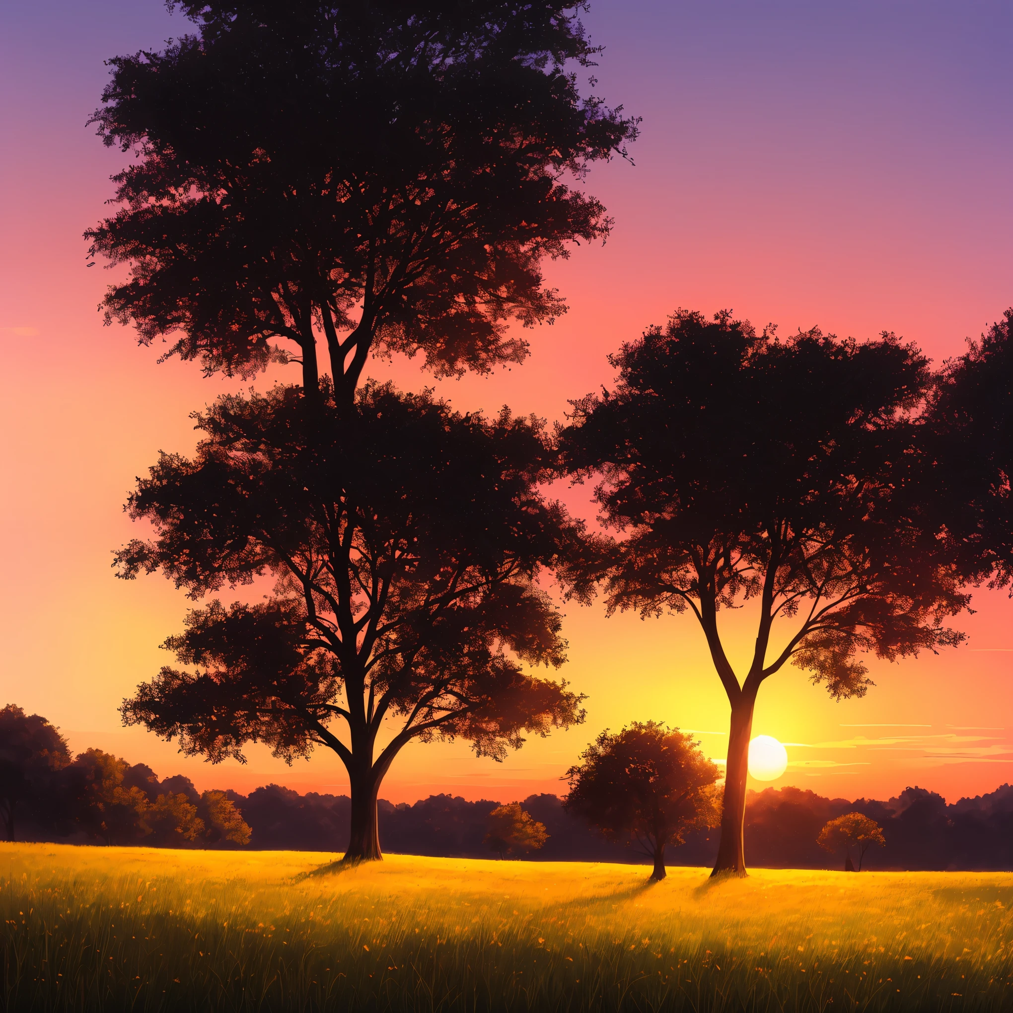 a painting of a sunset with trees and grass in the foreground, a digital painting by sylvain sarrailh, trending on Artstation, conceptual art, sunset illustration, summer sunset, beautiful illustration, art of alena aenami, beautiful dusk, artistic. alena aenami, sunset glow, beautiful sunset glow, style of alena aenami, beautiful sunset