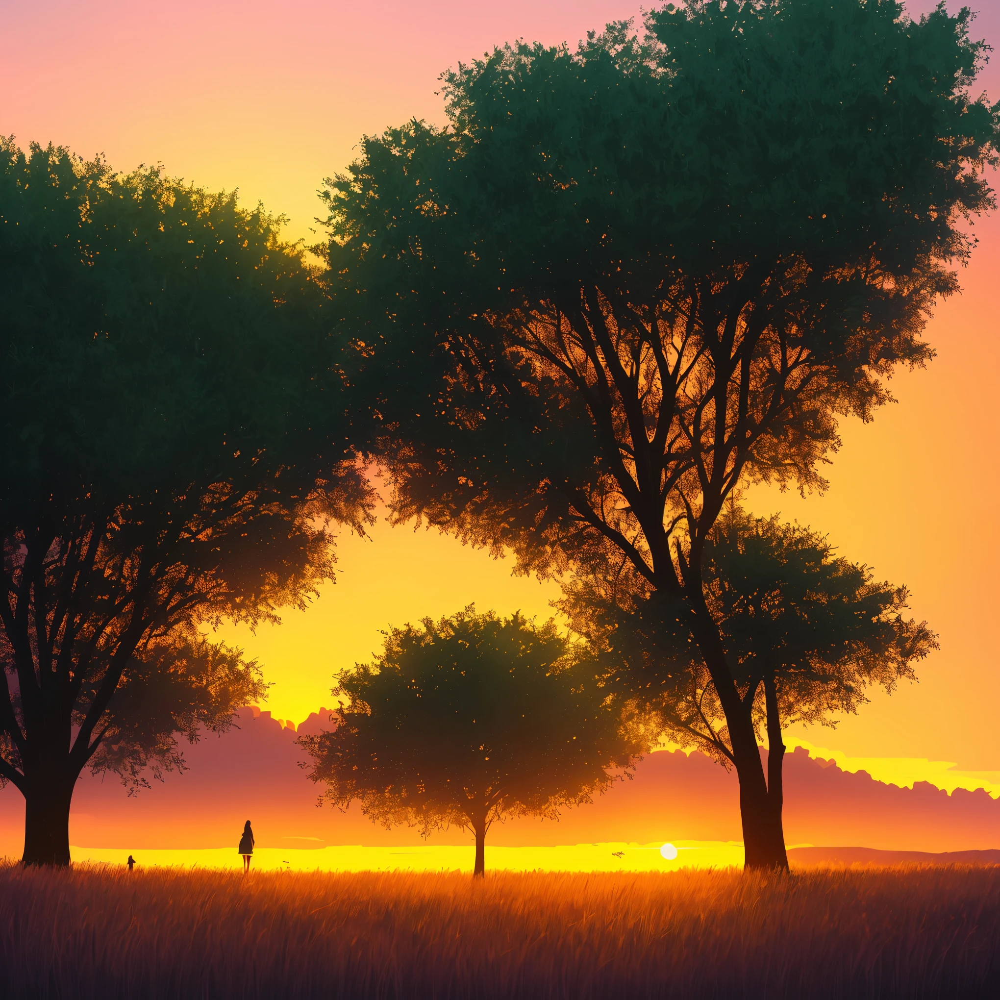 a painting of a sunset with trees and grass in the foreground, a digital painting by sylvain sarrailh, trending on Artstation, conceptual art, sunset illustration, summer sunset, beautiful illustration, art of alena aenami, beautiful dusk, artistic. alena aenami, sunset glow, beautiful sunset glow, style of alena aenami, beautiful sunset