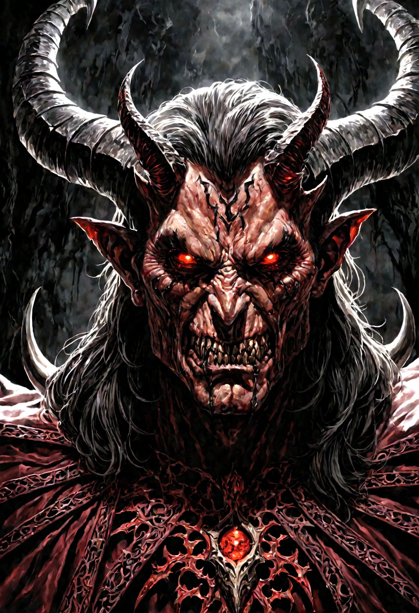 lucifer the king of hell, 1 male character, portrait, highly detailed face, cinematic lighting, chiaroscuro lighting, dramatic shadows, intricate details, photorealistic, hyper realistic, oil painting, masterpiece, award winning, cinematic, dark fantasy, moody, dramatic, intense, powerful, menacing, ominous, gothic, hellish, demonic, horns, glowing eyes, sharp teeth, intense gaze, epic, large scale, dramatic pose, heroic, imposing, commanding presence, regal, sinister, malevolent, ethereal, supernatural, otherworldly, mystical
