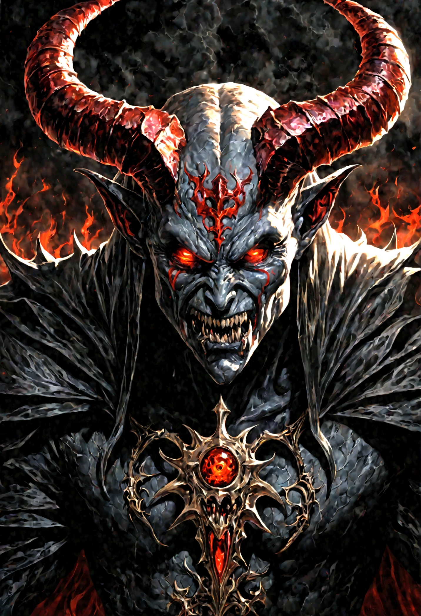 lucifer the king of hell, 1 male character, portrait, highly detailed face, cinematic lighting, chiaroscuro lighting, dramatic shadows, intricate details, photorealistic, hyper realistic, oil painting, masterpiece, award winning, cinematic, dark fantasy, moody, dramatic, intense, powerful, menacing, ominous, gothic, hellish, demonic, horns, glowing eyes, sharp teeth, intense gaze, epic, large scale, dramatic pose, heroic, imposing, commanding presence, regal, sinister, malevolent, ethereal, supernatural, otherworldly, mystical