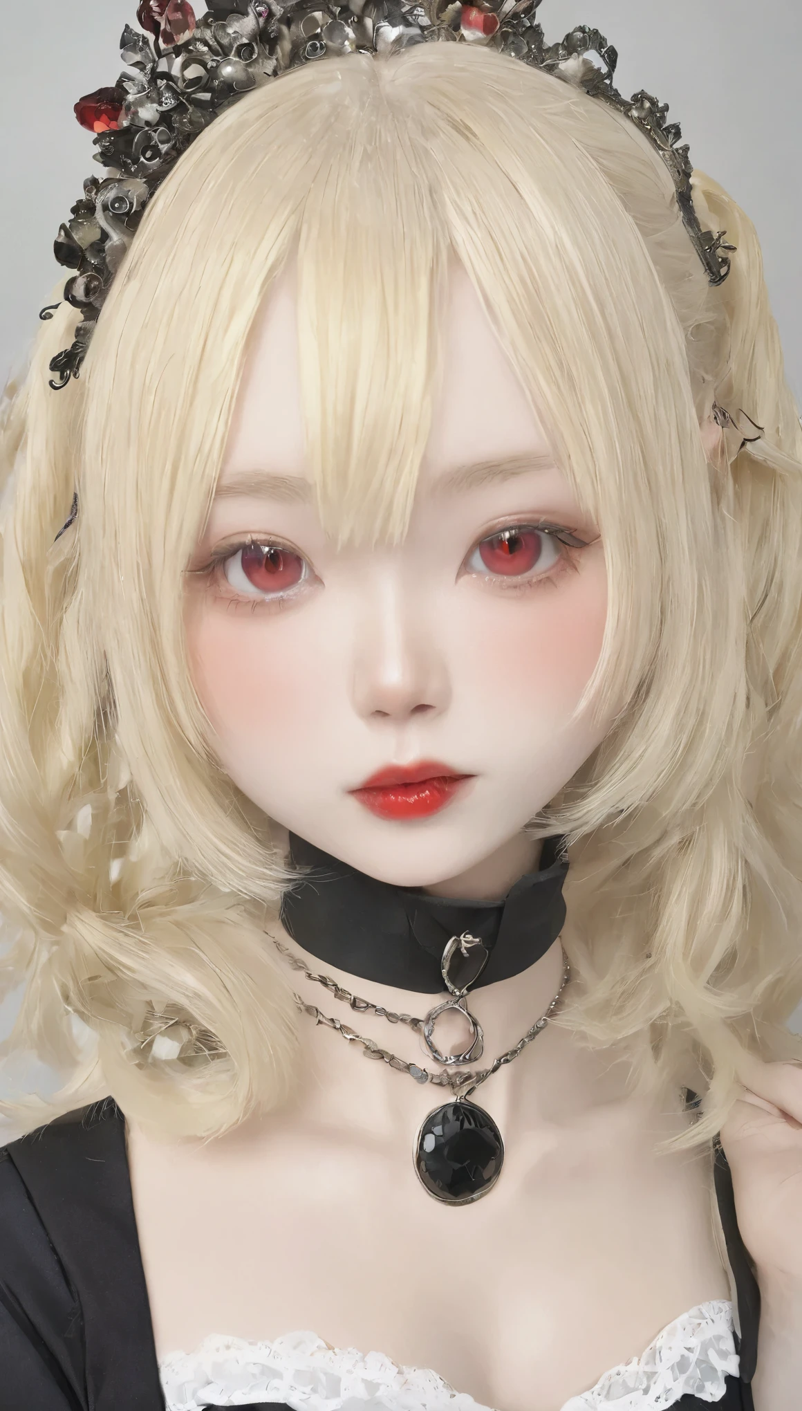 One Girl:1.5、Cute 、14Year、Perfect Anatomy、Red eyeshadow、Red lipstick、Slightly pink cheeks、White skin、Ash Blonde、Black Dress、eight-headed body、、Unique hairstyles、choker、highest quality、Super detailed、High quality details、Portraiture、Masseter region