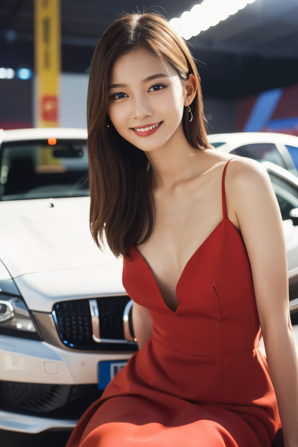 1 girl, (Wear a bright red dress:1.2), Very beautiful Japanese idol portraits, 
(RAW Photos, highest quality), (Realistic, Realistic:1.4), (masterpiece), 
Very delicate and beautiful, Very detailed, 2k wallpaper, wonderful, finely, Very detailed CG Unity 8K wallpaper, Very detailed, High resolution, Soft Light, 
Beautiful detailed girl, Very detailed目と顔, Beautiful and sophisticated nose, Finely beautiful eyes, Cinema Lighting, 
(Fashion magazine photography:1.3), (indoor), (motor Show:1.3), Accurate depiction of the car,
(Medium Hair), (whole body), (Sitting on the bonnet of a car:1.2), (Sitting with legs crossed:1.2),
Complete Anatomy, Slender body, Small breasts, smile, Happy, (teeth)