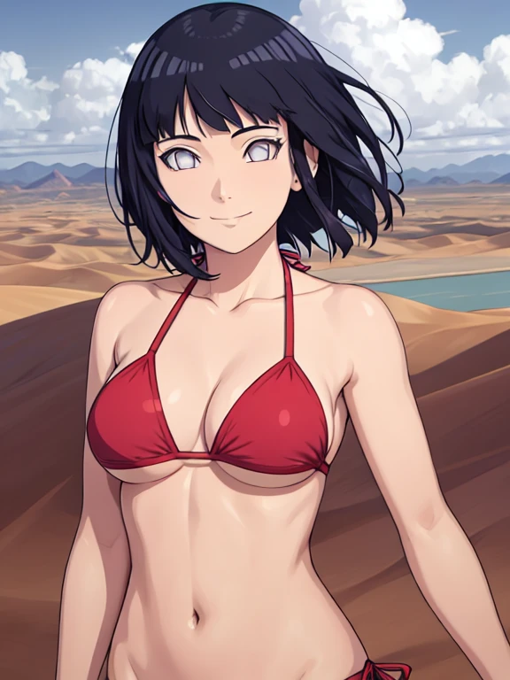 (hinata\(boruto\), (high quality, upper body view only, anime, tall woman, perfect hand anatomy, red bikini, off-shoulders, little biceps, long belly, super detailed body ultra detailed face, smile), ((triceps)), ((looking at the camera)), (medium-big breasts), closed mouth), (posing for the viewer), pale skin, ((floating hair, dark blue, short hair, hime cut، loose hair), (location: desert, windy afternoon),