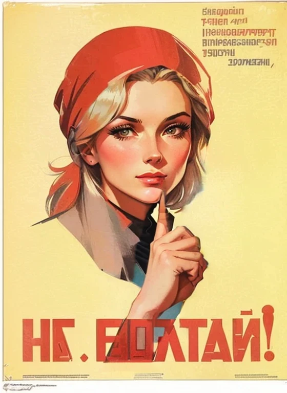 close-up of a poster with a woman, making a silent gesture, Soviet propaganda, soviet poster, soviet Propaganda poster, soviet era Propaganda poster, Propaganda poster, Soviet propaganda style, Poster of the USSR, in a Soviet propaganda style, soviet Propaganda poster style, Soviet propaganda art, communist Propaganda poster, soviet nostalgia, soviet Propaganda poster art, 1 9 6 0 s soviet poster