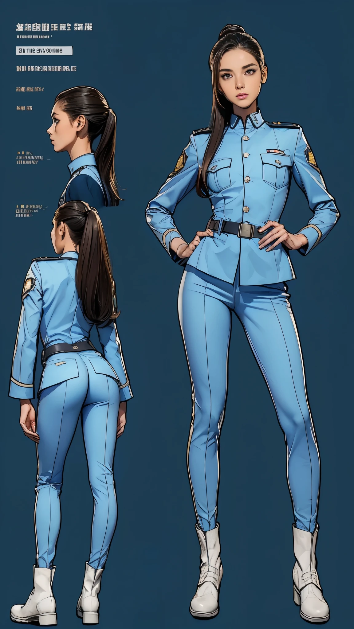 ((masterpiece)),(((highest quality))),((Reference Sheet, Character Design, front, return, ~ ~ side, Mr..々Hairstyle, Mr..々Performance, Facial Expressions)), , Cute type, (Very slim:1.4), (Very small ass:1.4), Realistic buttocks, Medium milk, Short brown hair，Thin thighs, Long legs, It's not a big deal,(A female Earth Federation officer is walking), (Wearing Earth Federation military uniform, White and light blue military uniform),(Worn by federal government employees&#39;White Hat:1.5)