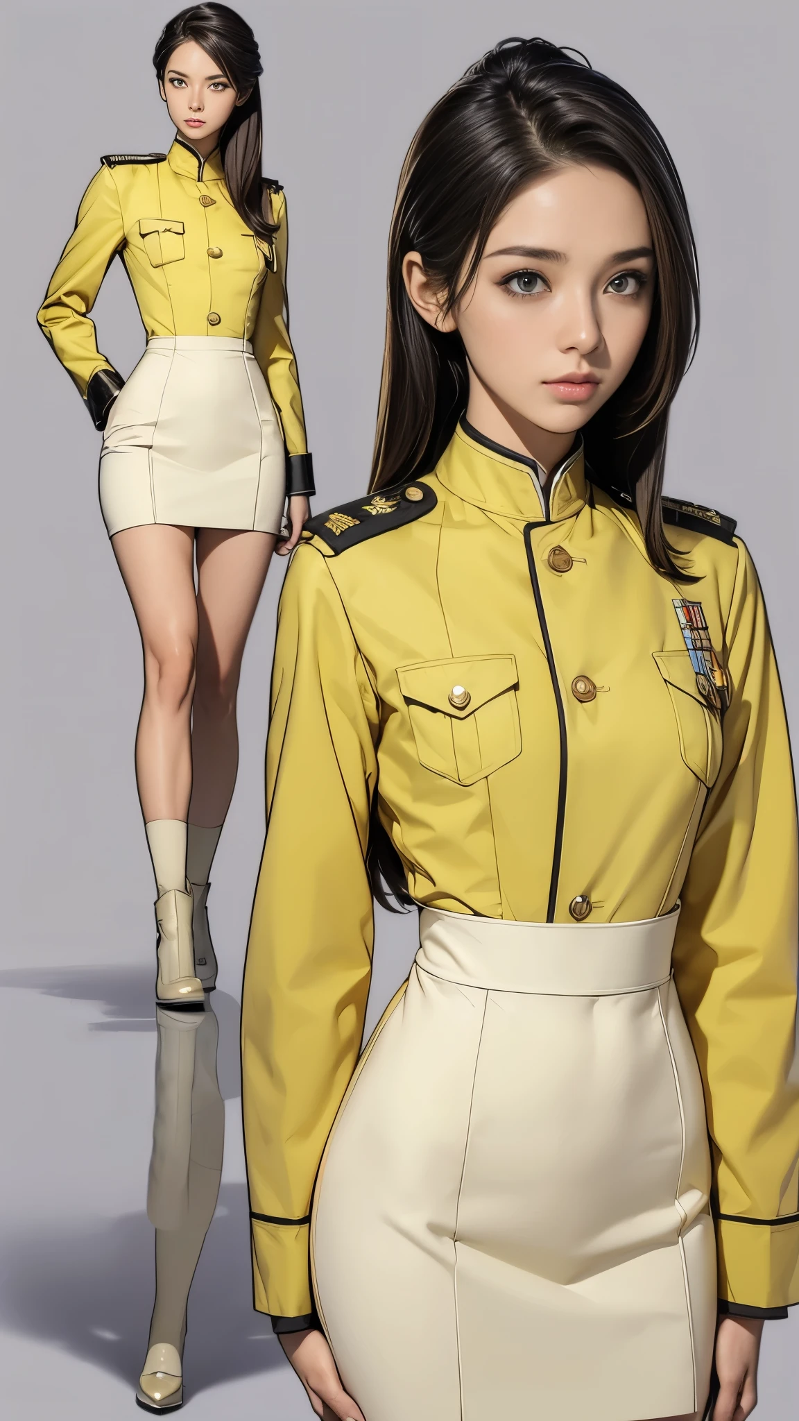((masterpiece)),(((highest quality))),((Reference Sheet, Character Design, front, return, ~ ~ side, Mr..々Hairstyle, Mr..々Performance, Facial Expressions)), 14-year-old girl, Cute type, (Very slim:1.4), (Very small ass:1.4), Realistic buttocks, (Medium bust:1.4), Short Bob, Thin thighs, Long legs, It's not a big deal,(A female Earth Federation officer is walking), (Wearing Earth Federation military uniform, White and light yellow military uniform),(Worn by federal government employees'White Hat:1.5)