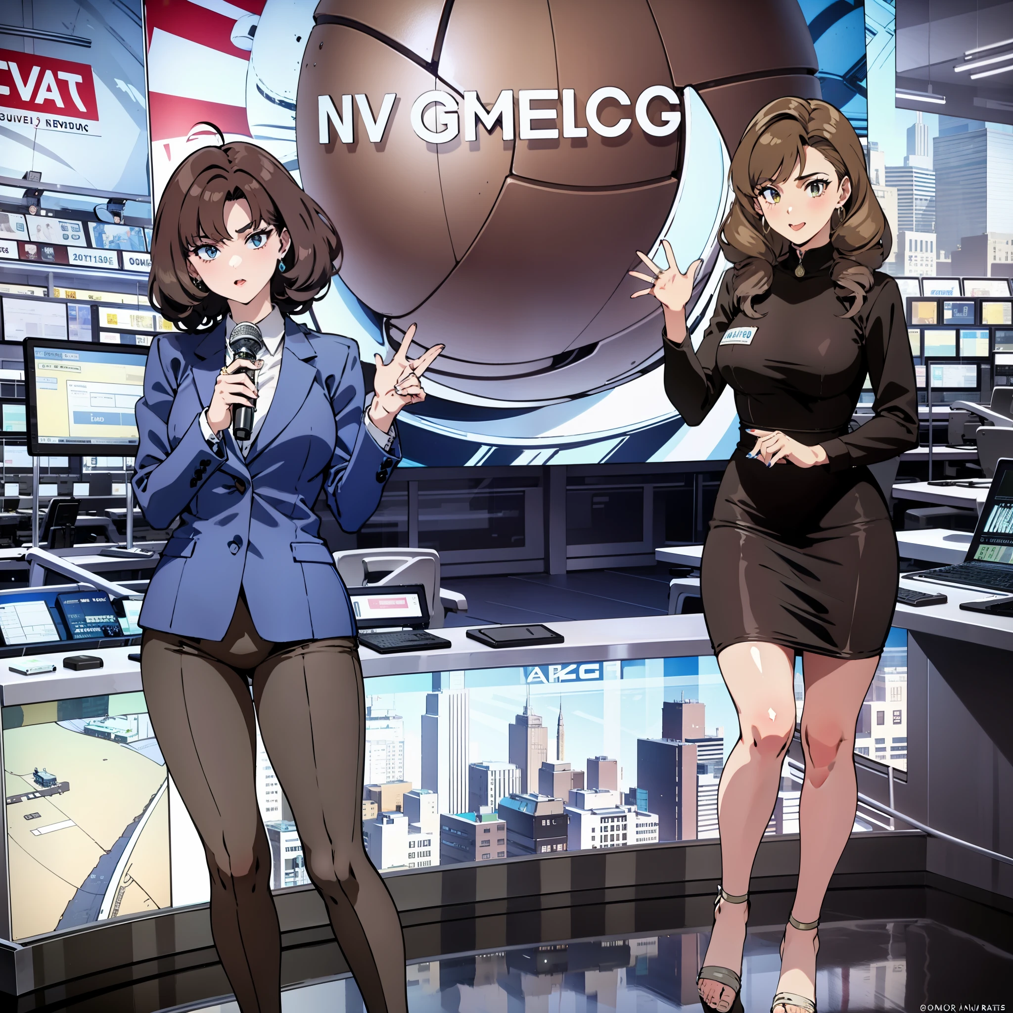 GMC_News, news studio, 90s retro, one female reporter, curly hair, brunette, one girl has pinned up, big ring earrings