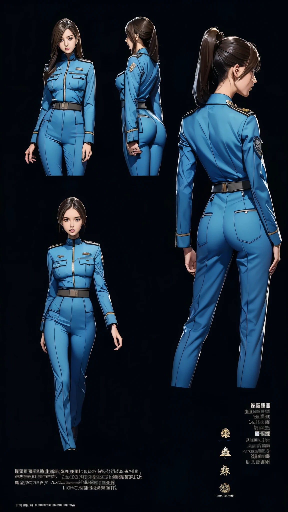 ((masterpiece)),(((highest quality))),((Reference Sheet, Character Design, front, return, ~ ~ side, Mr..々Hairstyle, Mr..々Performance, Facial Expressions)), -yeld gi Cute type, (Very slim:1.4), (Very small ass:1.4), Realistic buttocks, (Big Breasts:1.3), Short Bob, Thin thighs, Long legs, It's not a big deal,(A female Earth Federation officer is walking), (Wearing Earth Federation military uniform, Dark blue and light blue military uniforms),(Worn by federal government employees'White Hat:1.5)