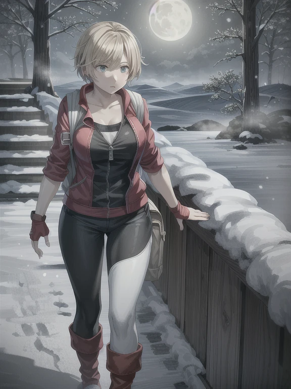 ((Best quality)), ((Masterpiece)), (detailed), (4K quality), (Detailed face:1.2), (Detailed eyes:1.2), (Perfect figure:1.2), 1girl, UDSam, solo, short hair, blonde hair, (Wearing: Red jacket, white leggings, fingerless gloves, snow boots and backpack:1.3), spooky lighting with lot of fog, foggy and snowing weather snowy, blizzard, in a forest, night time with huge white moon, upper body shot, night time ambiance, expressive eyes, gloomy atmosphere, worried expression, moon light scene, detailed shadows, anxiety feeling, walking
