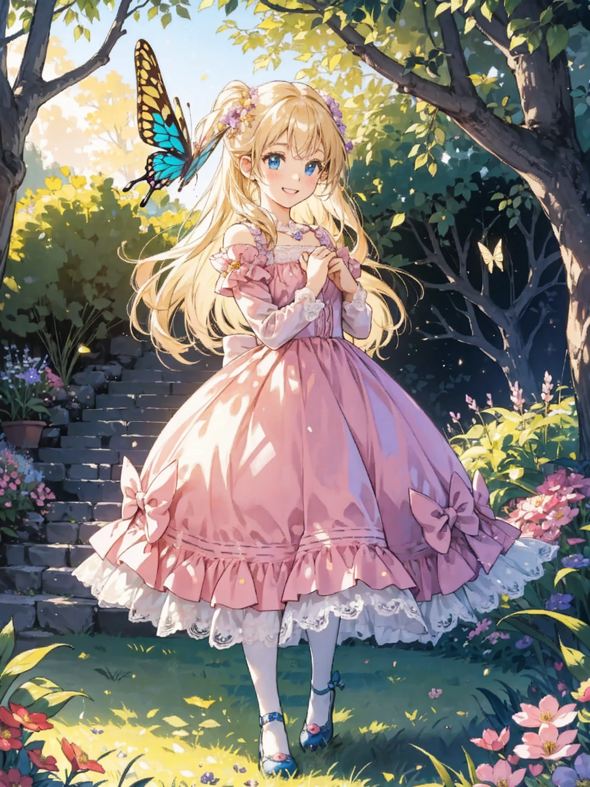 A delightful and adorable young girl stands in a charming, whimsical garden filled with vibrant flowers and fluttering butterflies. She has big, sparkling blue eyes that radiate innocence and joy, framed by long, flowing, golden hair adorned with tiny, colorful bows and delicate floral accessories. Her rosy cheeks and a bright, infectious smile make her the epitome of cuteness.
She wears a lovely, frilly dress in pastel colors, decorated with lace, ribbons, and tiny, intricate embroidery of flowers and butterflies. Her small feet are clad in shiny, patent leather shoes with little heart-shaped buckles. In her hands, she holds a cute, plush teddy bear that she hugs tightly to her chest, its fur matching her dress and eyes.
The girl's playful spirit is evident as she stands on her tiptoes, reaching out to touch a butterfly that has landed on a nearby flower. Surrounding her are whimsical elements such as glowing fireflies, a sparkling stream, and a tiny, magical fairy hovering nearby, adding an extra touch of enchantment to the scene.
The garden around her is a fairy-tale setting with a soft, warm sunlight filtering through the trees, casting dappled shadows on the ground. The air is filled with the sweet fragrance of blooming flowers and the gentle hum of bees. The atmosphere is suffused with a sense of magic and wonder, as the girl is surrounded by vibrant colors and whimsical details, making her the embodiment of sweetness and charm