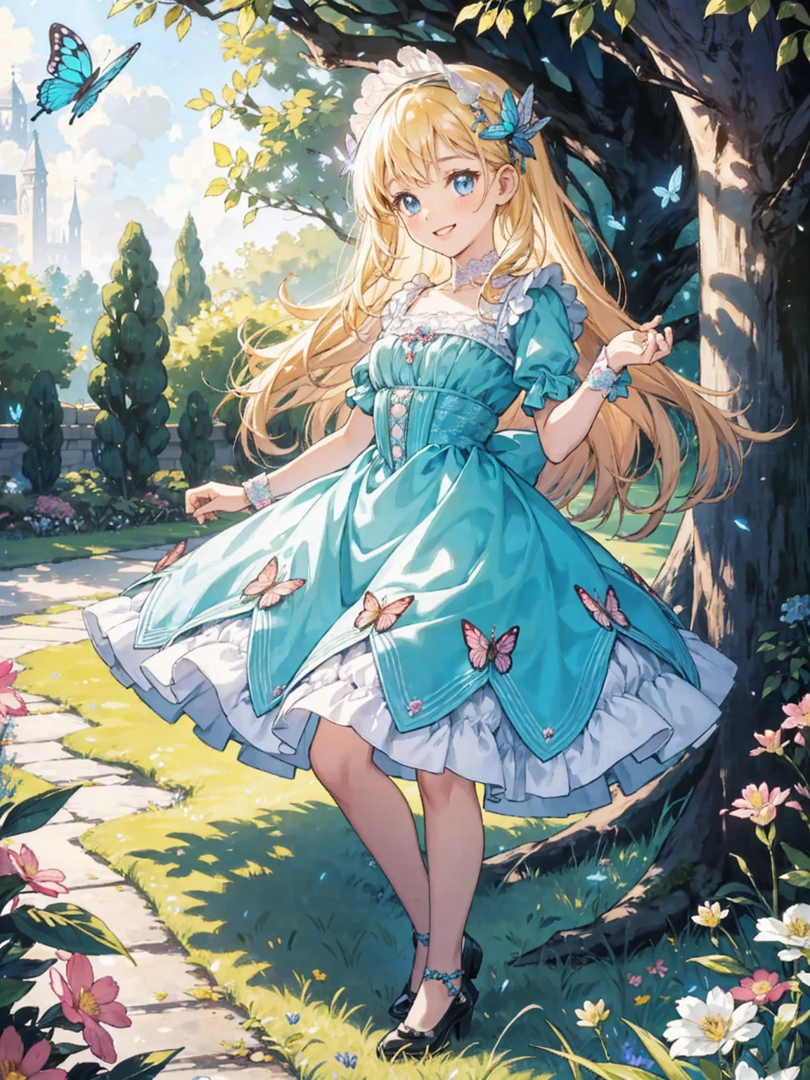 A delightful and adorable young girl stands in a charming, whimsical garden filled with vibrant flowers and fluttering butterflies. She has big, sparkling blue eyes that radiate innocence and joy, framed by long, flowing, golden hair adorned with tiny, colorful bows and delicate floral accessories. Her rosy cheeks and a bright, infectious smile make her the epitome of cuteness.
She wears a lovely, frilly dress in pastel colors, decorated with lace, ribbons, and tiny, intricate embroidery of flowers and butterflies. Her small feet are clad in shiny, patent leather shoes with little heart-shaped buckles. In her hands, she holds a cute, plush teddy bear that she hugs tightly to her chest, its fur matching her dress and eyes.
The girl's playful spirit is evident as she stands on her tiptoes, reaching out to touch a butterfly that has landed on a nearby flower. Surrounding her are whimsical elements such as glowing fireflies, a sparkling stream, and a tiny, magical fairy hovering nearby, adding an extra touch of enchantment to the scene.
The garden around her is a fairy-tale setting with a soft, warm sunlight filtering through the trees, casting dappled shadows on the ground. The air is filled with the sweet fragrance of blooming flowers and the gentle hum of bees. The atmosphere is suffused with a sense of magic and wonder, as the girl is surrounded by vibrant colors and whimsical details, making her the embodiment of sweetness and charm