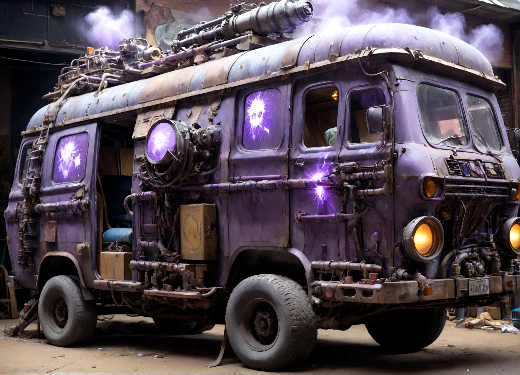 a 1970s large purple van with a wizard spray painted on the side of it with laser cannons
