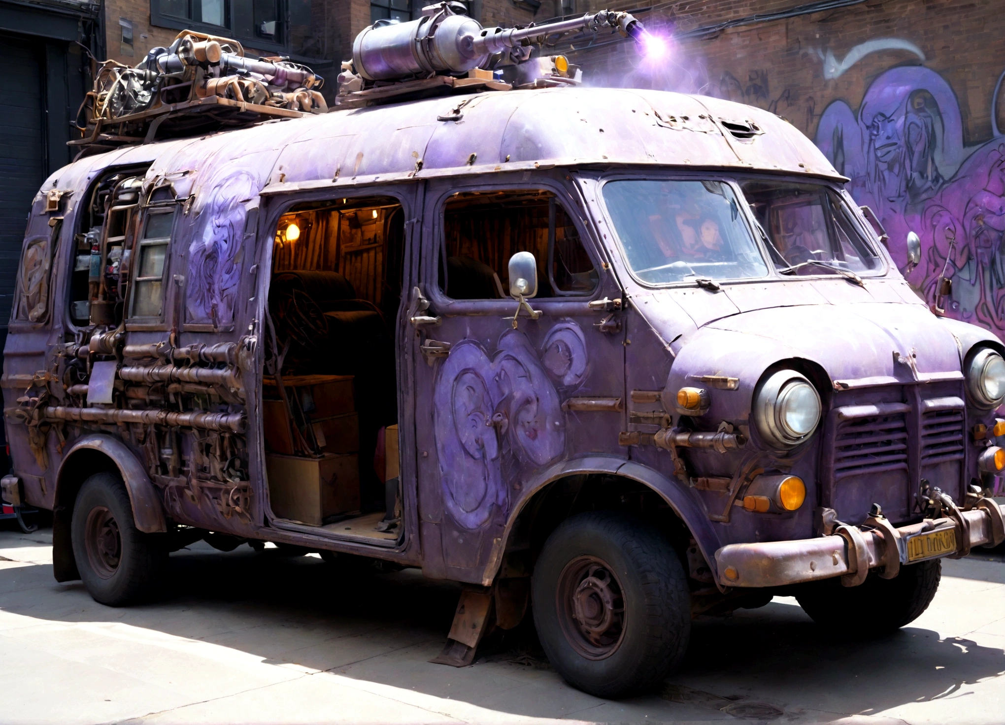 a 1970s large purple van with a wizard spray painted on the side of it with laser cannons