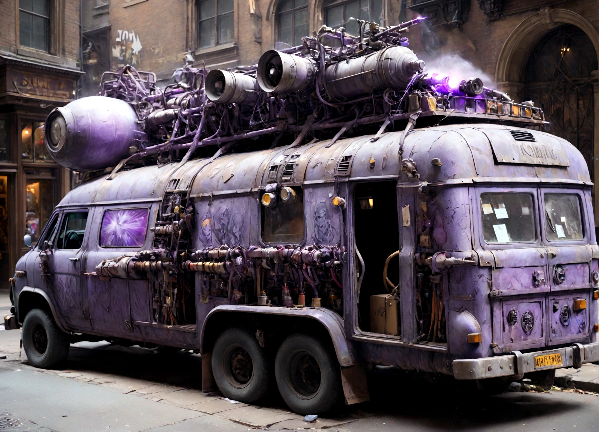 a 1970s large purple van with a wizard spray painted on the side of it with laser cannons