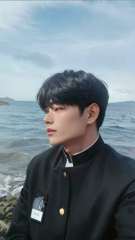 arafed man in a black jacket sitting on a rocky beach, headshot profile picture, hong june hyung, hyung tae, kim doyoung, male ulzzang, a handsome man，black short hair, taejune kim, professional profile picture, profile picture 1024px, inspired by Kim Myeong-guk, seseon yoon, ocean in the background