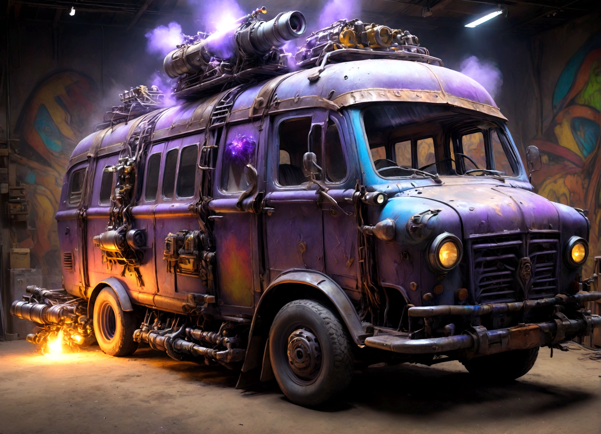a 1970s large purple van, wizard spray painted on the side, laser cannons, photorealistic, hyper detailed, vibrant colors, dramatic lighting, masterpiece, cinematic, volumetric lighting, intricate details, sharp focus, high resolution, 8k, best quality, stunning artwork