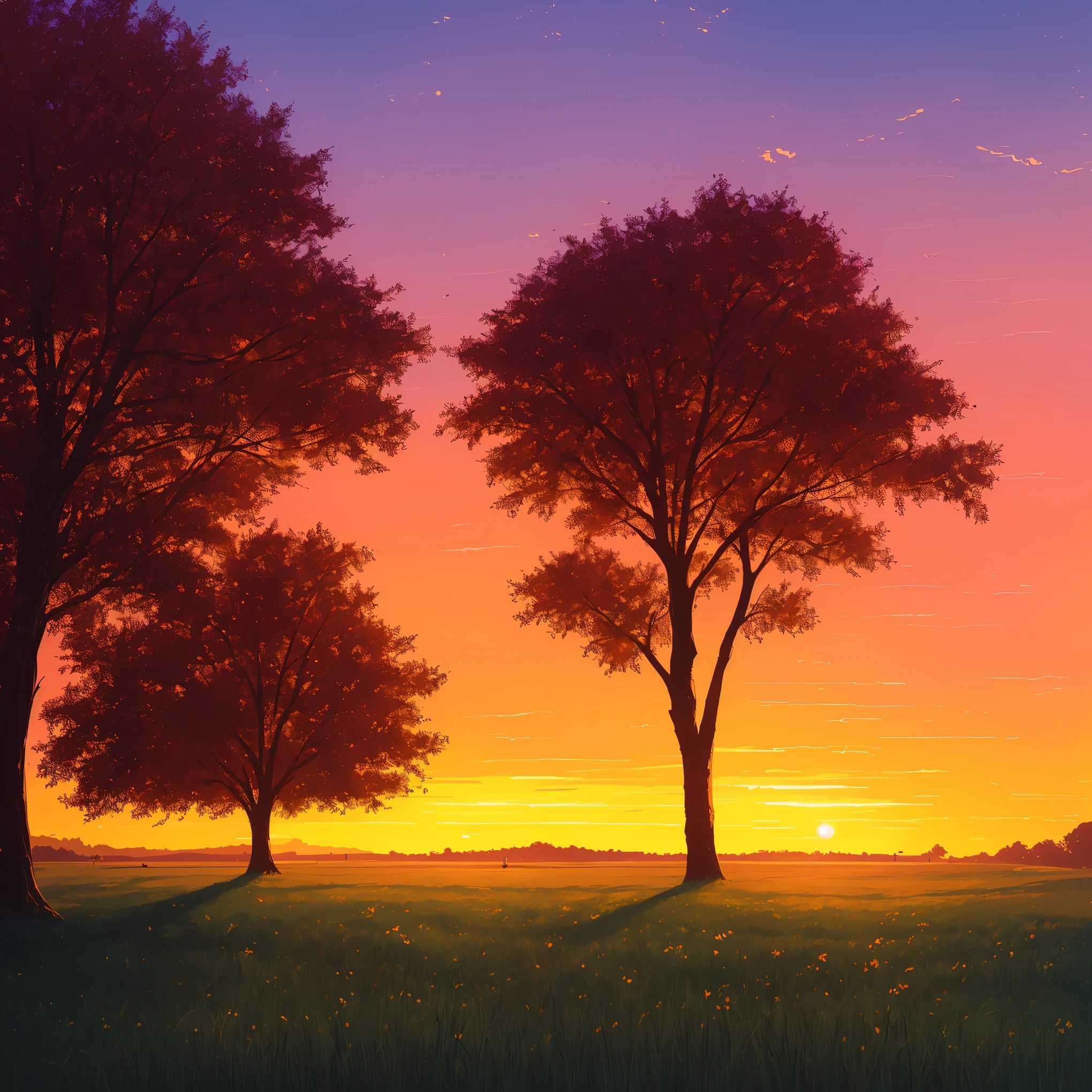 a painting of a sunset with trees and grass in the foreground, by sylvain sarrailh, sunset illustration, summer sunset, inspired by sylvain sarrailh, by Alena Aenami, by Atey Ghailan, by Justin Gerard, beautiful illustration, art of alena aenami, beautiful dusk, artistic. alena aenami, sunset glow