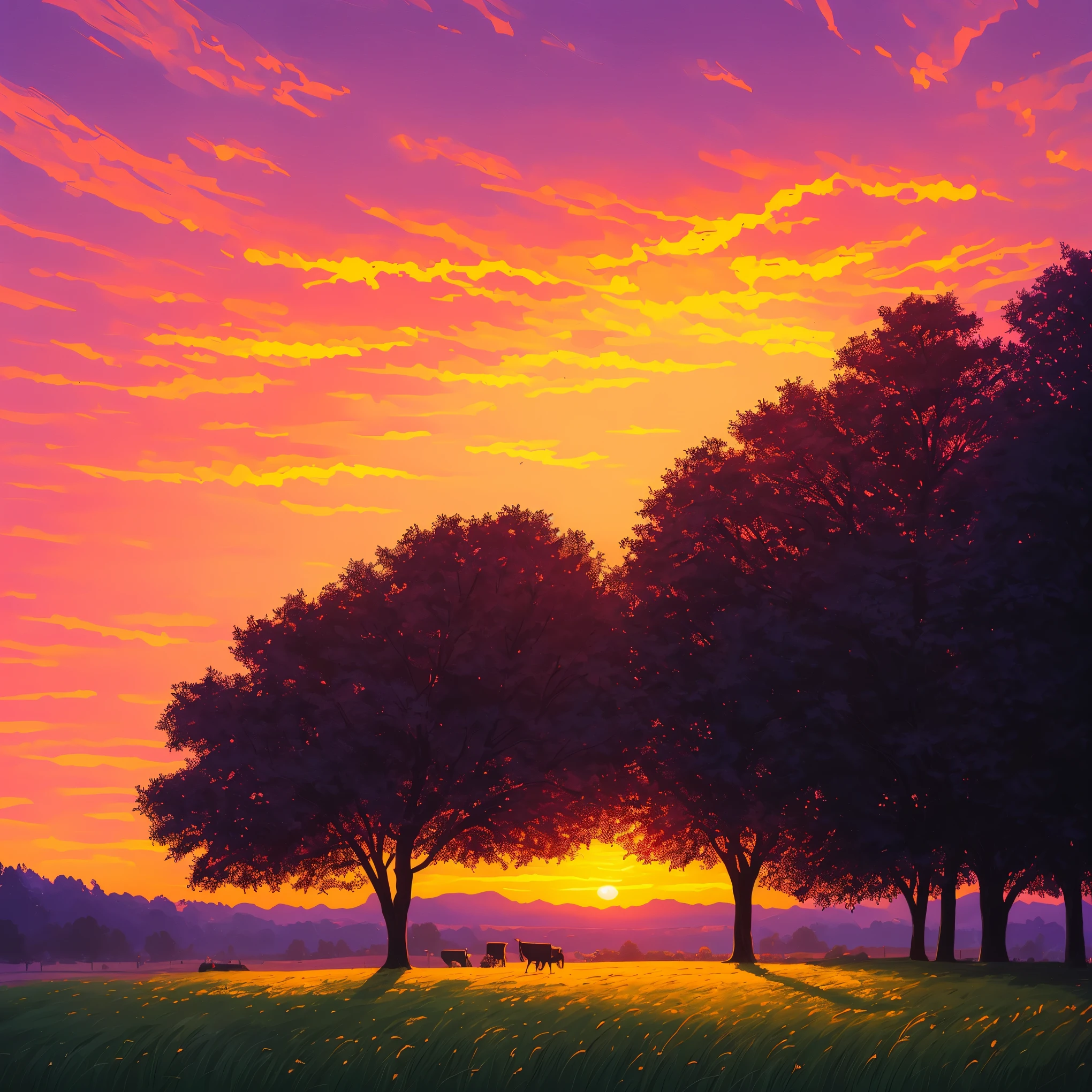 a painting of a sunset with trees and grass in the foreground, by sylvain sarrailh, sunset illustration, summer sunset, inspired by sylvain sarrailh, by Alena Aenami, by Atey Ghailan, by Justin Gerard, beautiful illustration, art of alena aenami, beautiful dusk, artistic. alena aenami, sunset glow