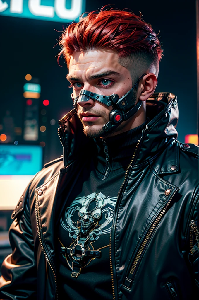 "tema escuro :: closeup foco facial, ultra realista futurista cyberpunk muscular masculino cabelo branco sentado :: cara ciberpunk (cybernetic eyes) :: cool cyber punk jacket red neon eyes :: sem camisa:: mechanical intricate mask :: natural lighting :: Bokeh :: 8K :: melhor qualidade :: Obra de arte :: fundo de paisagem urbana futurista"