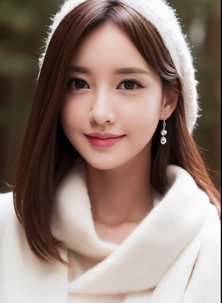 1girl in, (Wearing a white coat:1.2), (Raw photo, Best Quality), (Realistic, Photorealsitic:1.4), master piece, close up,Extremely delicate and beautiful, Extremely detailed, 2k wallpaper, amazing,((white sweater)) ,finely detail, the Extremely Detailed CG Unity 8K Wallpapers, Ultra-detailed, hight resolution, Soft light, Beautiful detailed girl, extremely detailed eye and face, beautiful detailed nose, Beautiful detailed eyes, Cinematic lighting, Winter Night View,  Perfect Anatomy, Slender body, ((soft smiling)),((winter, in forest, woods)), snowfall,