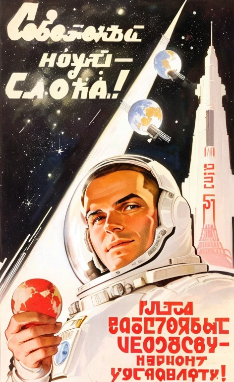 USSR propaganda of a man in a spacesuit with a model of the Earth in his hands, 1 9 6 0 s soviet poster, soviet advertisement, 1 9 6 0 s space girl, soviet propaganda art, Soviet propaganda poster, Vostok-1, soviet poster, 1962 soviet, soviet propaganda poster style, Soviet-era propaganda poster, 1968 soviet