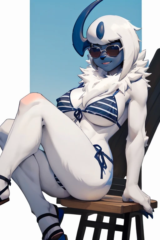 ((Absol)), anthropomorphic, large breasts, big butt, pokemorph, (((1girl))), (((dark blue and white striped bikini top))), (dark blue and white striped bikini bottoms), (black Hawaiian shirt), (dark blue sandals), full body, cute and sexy, white skin, (half frame sunglasses), long slender legs, smiling