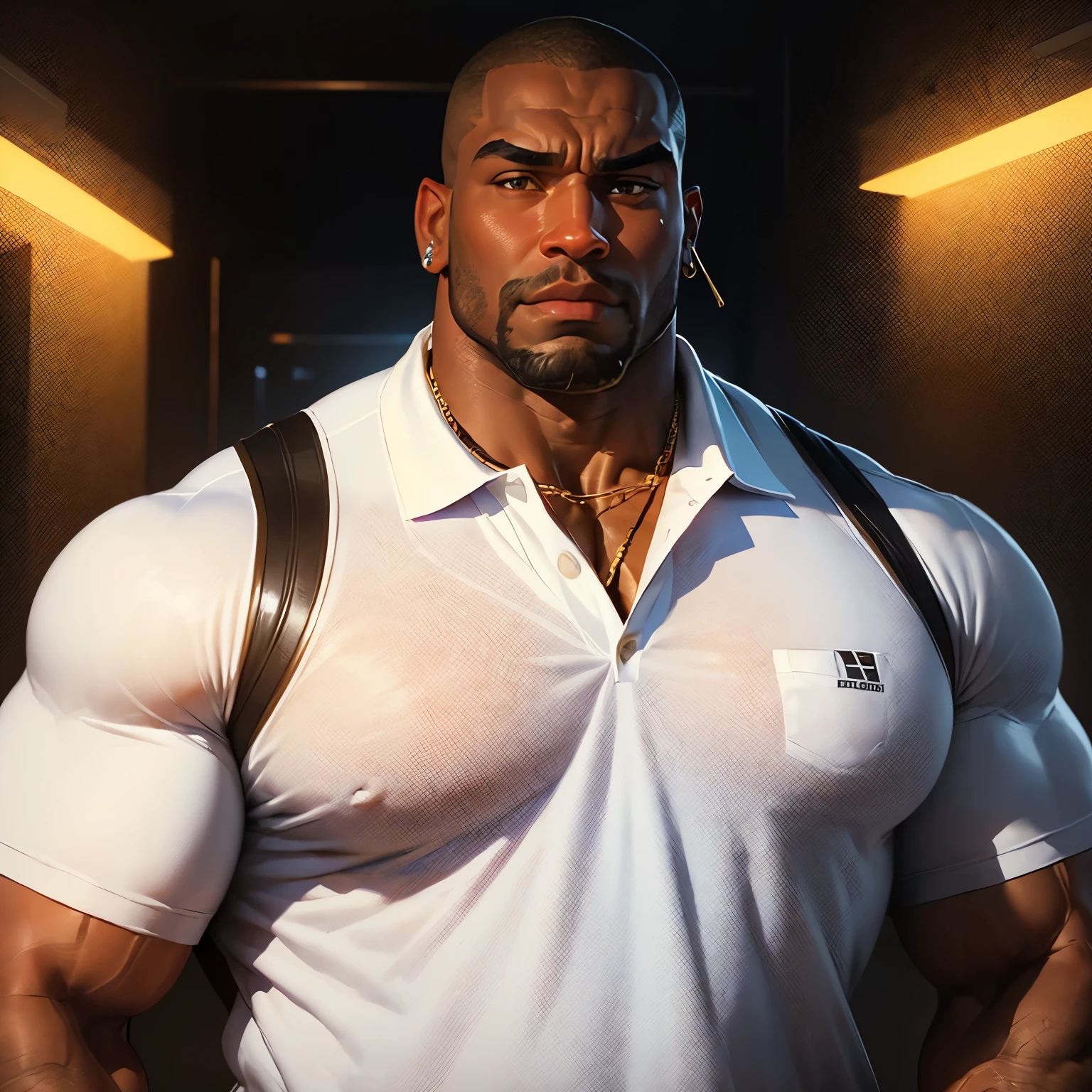 an exaggeratedly muscular and large bodyguard, beefy build, beard, dark-skinned african american male, buzzcut hair with square line, (worried expression: 1.2), (wearing white polo shirt: 1.2), wearing backpack, earrings, gold necklace, (bara pecs: 1.3), beefy pecs, (arm and chest hair: 1.2), portrait HD, (neon night club)