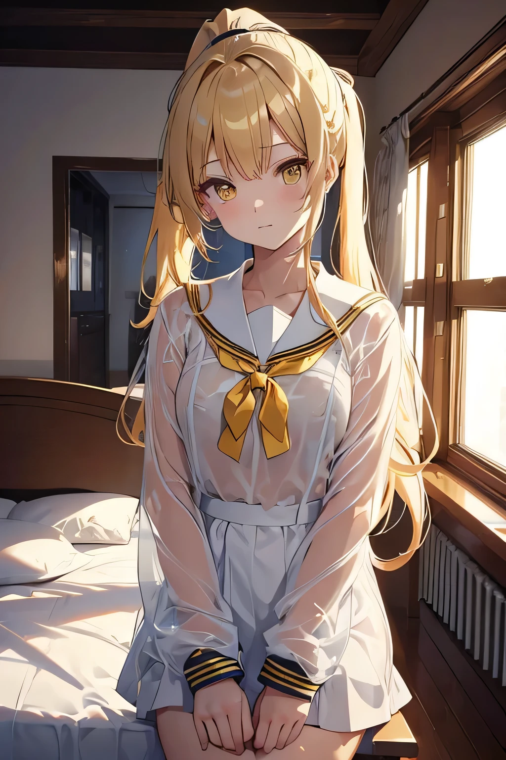 Masterpiece、Anime Coloring、Ultra fine、8k、Blonde、Ponytail、Yellow Eyes、Stylish room、Sailor suit(See-through)、Second dimension beautiful girl