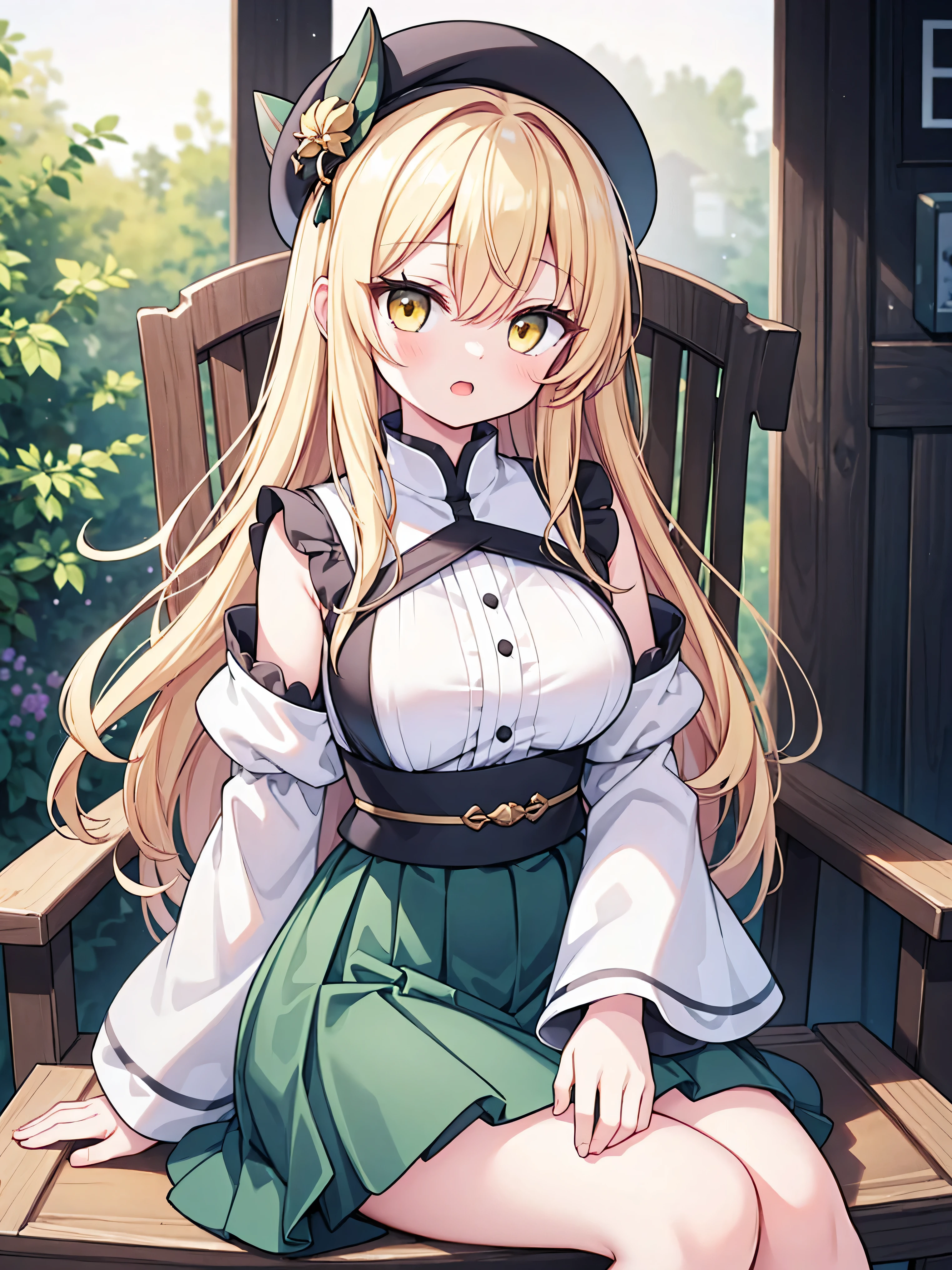 masterpiece, top quality, super detailed, CG illustration, high resolution, better lighting, best shadows, very delicate and beautiful, proper shading, hd, 8k,matara okina, 1girl, solo, long hair, breasts, looking at viewer, open mouth, bangs, skirt, blonde hair, shirt, long sleeves, hat, hair between eyes, medium breasts, sitting, yellow eyes, white shirt, detached sleeves, sky, wide sleeves, black headwear, chair, crossed legs, green skirt, tabard, aura, constellation, constellation print