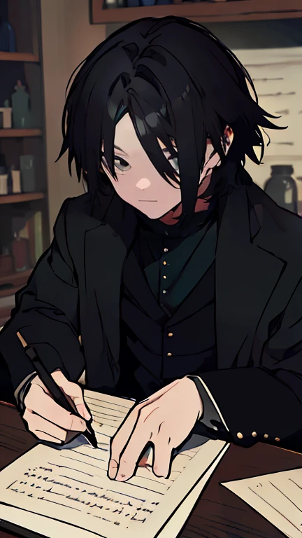 Severus snape, sitting at desk, writing on paper, open books on desk, looking at viewer, annoyed look, handsome, slight blush, potion bottles in background
