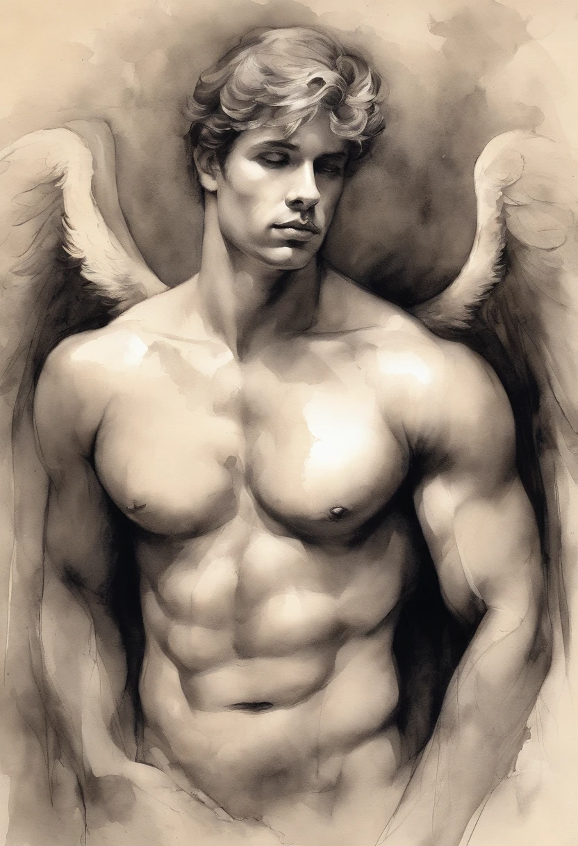 A zoomed in view of a handsome and sexy young man with angel wings , capturado em cores , his eyes looking directly at the viewer with an intense expression, his features etched with a sense of mystery and allure, cercado por tufos de neblina, adding an ethereal touch, Escultura,  Homen sexy Bonito atletico beleza italiana angelical com asas e plumas . Aquarela tinta pintura. Textura de tintas aquarela pingos e respingos de tinta. Corpo inteiro nu pelado, penis wake.  Male sexy nude. Male hot  underwear   
 sexy .  xxx erotic