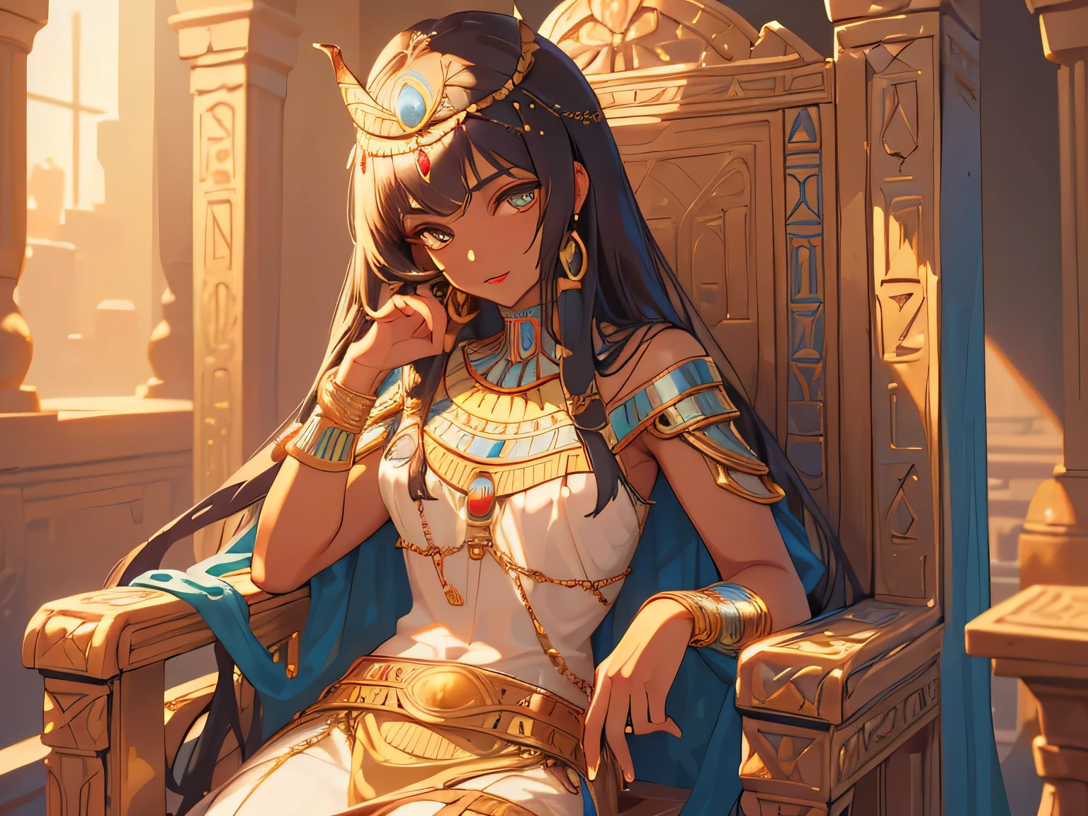 ((best quality)), ((masterpiece)), (detailed face and eyes), perfect face, accurate, textured skin, high details, highres, Cleopatra, queen of ancient Egypt, in silk dress, jewelled crown, lipstick, cowboy shot, Tanned skin, brown skin, throne, whole body