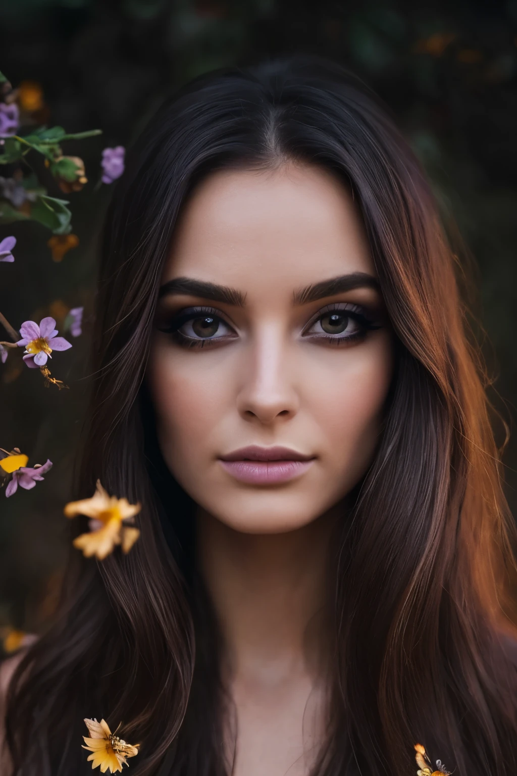 photo of beautiful 26 y.o woman, smokey eye makeup, 4k uhd, high quality, dramatic, cinematic, (long flowy (umber hair:1.2)), violet flowers, swarm, the bird seed in her hands, growing into birds, giants shelter her body, intricate ornate lean-to, the night sky, deep dark shadows, hide new seasons, the woman is aware and watching us