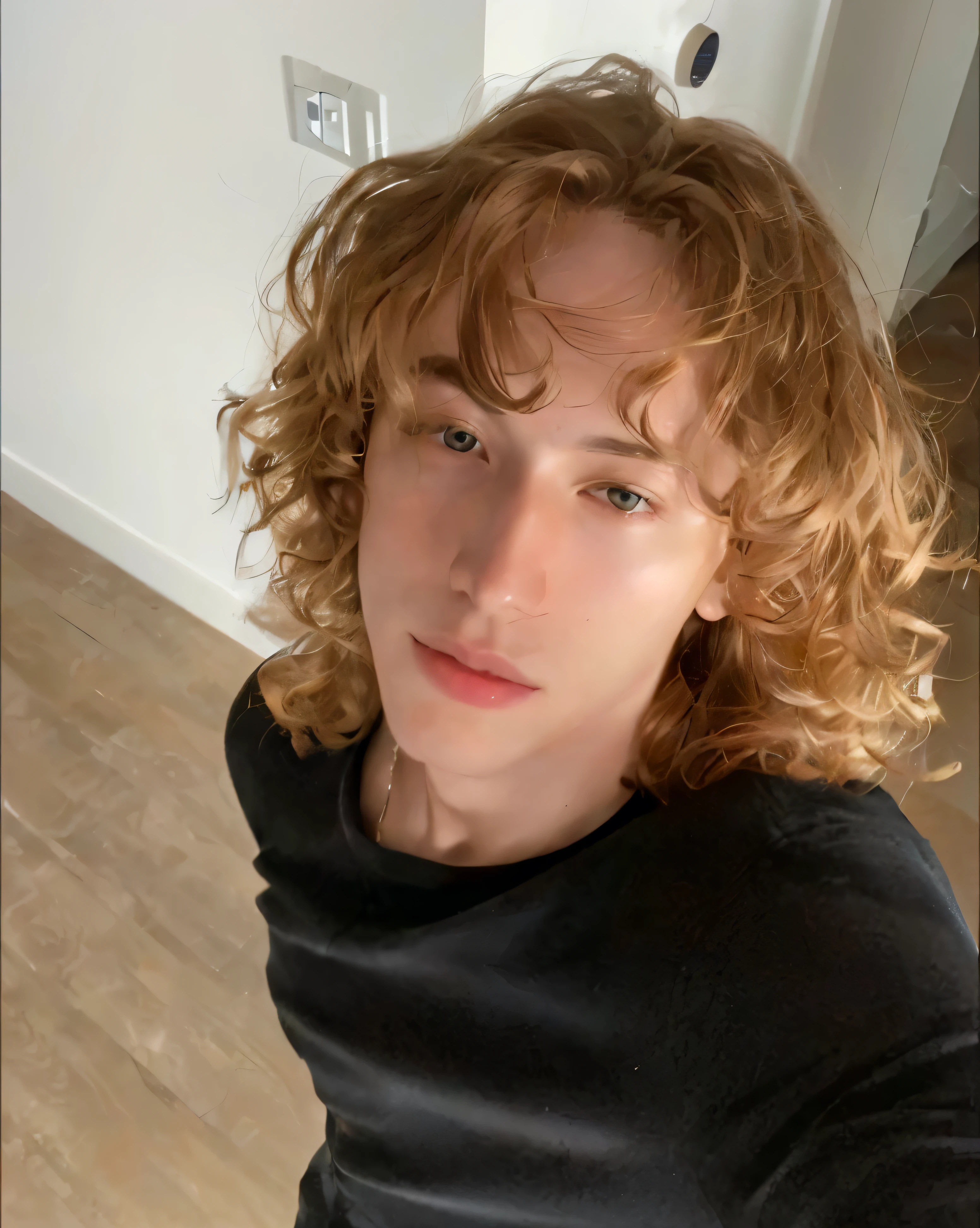 there is a man with curly hair taking a selfie, pale skin curly blond hair, he has short curly brown hair, taken in the early 2020s, curls on top of his head, curly middle part haircut, leaked image, red haired teen boy, with long curly hair, with curly red hair, headshot profile picture