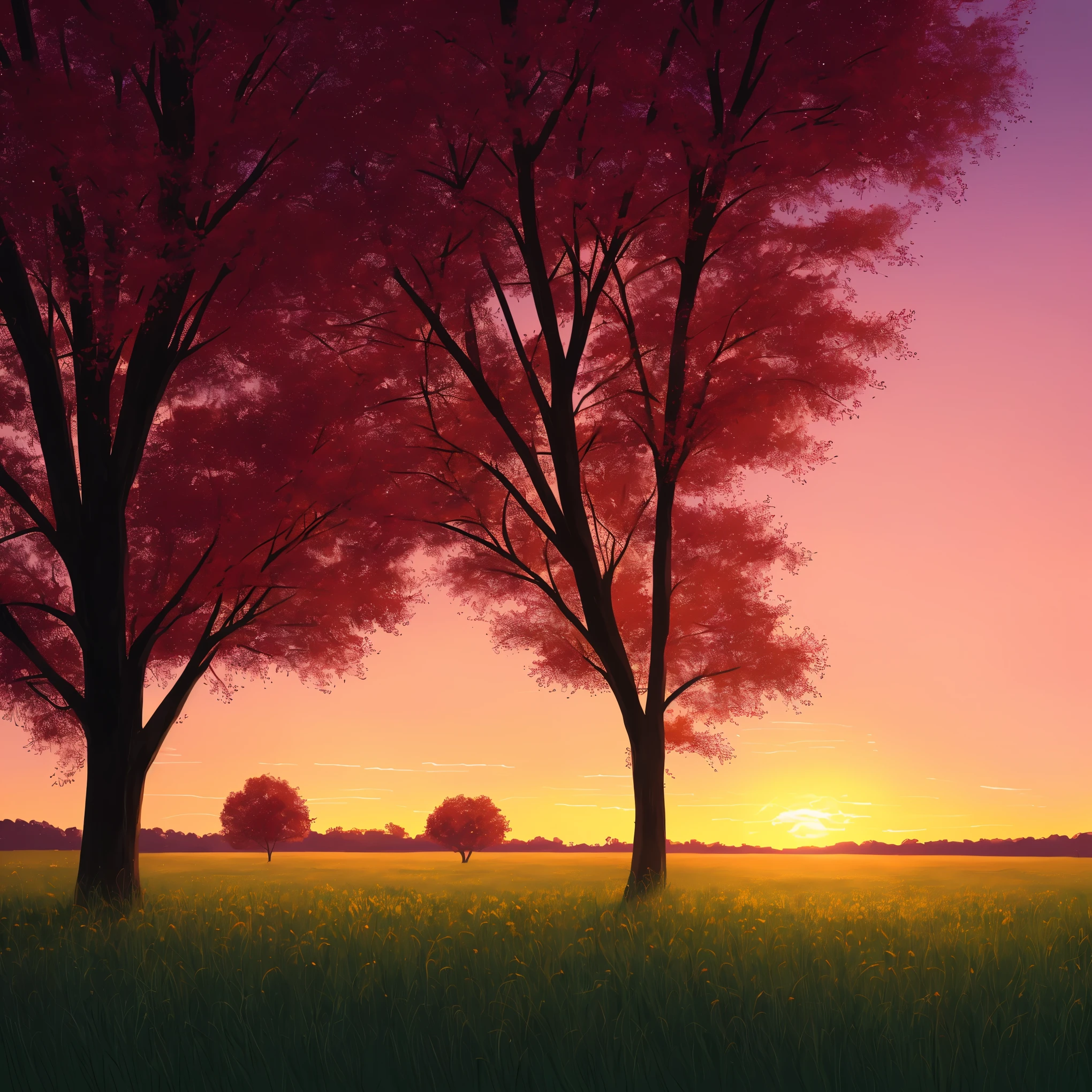 a painting of a sunset with trees and grass in the foreground, a digital painting by sylvain sarrailh, trending on Artstation, conceptual art, sunset illustration, summer sunset, beautiful illustration, art of alena aenami, beautiful dusk, artistic. alena aenami, sunset glow, beautiful sunset glow, style of alena aenami, beautiful sunset