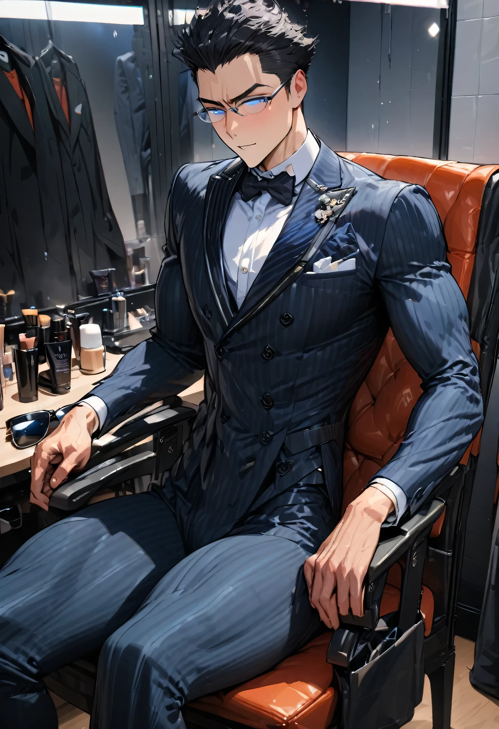 (solo black very short hair groom nice guy, Athlete body, soft blue eyes, glasses), (in a detailed groom suit) (in the Makeup room), sit down on chair, perfect anatomy, masterpiece, best quality, 16k, beautiful detailed grow, daydreaming expression.