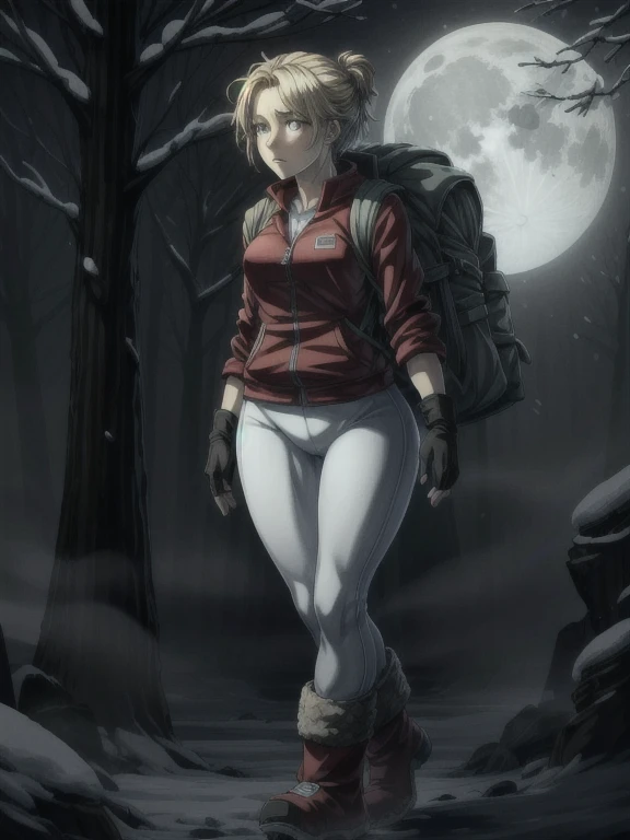 ((Best quality)), ((Masterpiece)), (detailed), (4K quality), (Detailed face:1.2), (Detailed eyes:1.2), (Perfect figure:1.2), 1girl, UDSam, solo, short hair, blonde hair, (Wearing: Red jacket, white leggings, fingerless gloves, snow boots and backpack:1.3), spooky lighting with lot of fog, foggy and snowing weather snowy, blizzard, in a forest, night time with huge white moon, upper body shot, night time ambiance, expressive eyes, gloomy atmosphere, worried expression, detailed shadows, anxiety feeling, walking, detailed background
