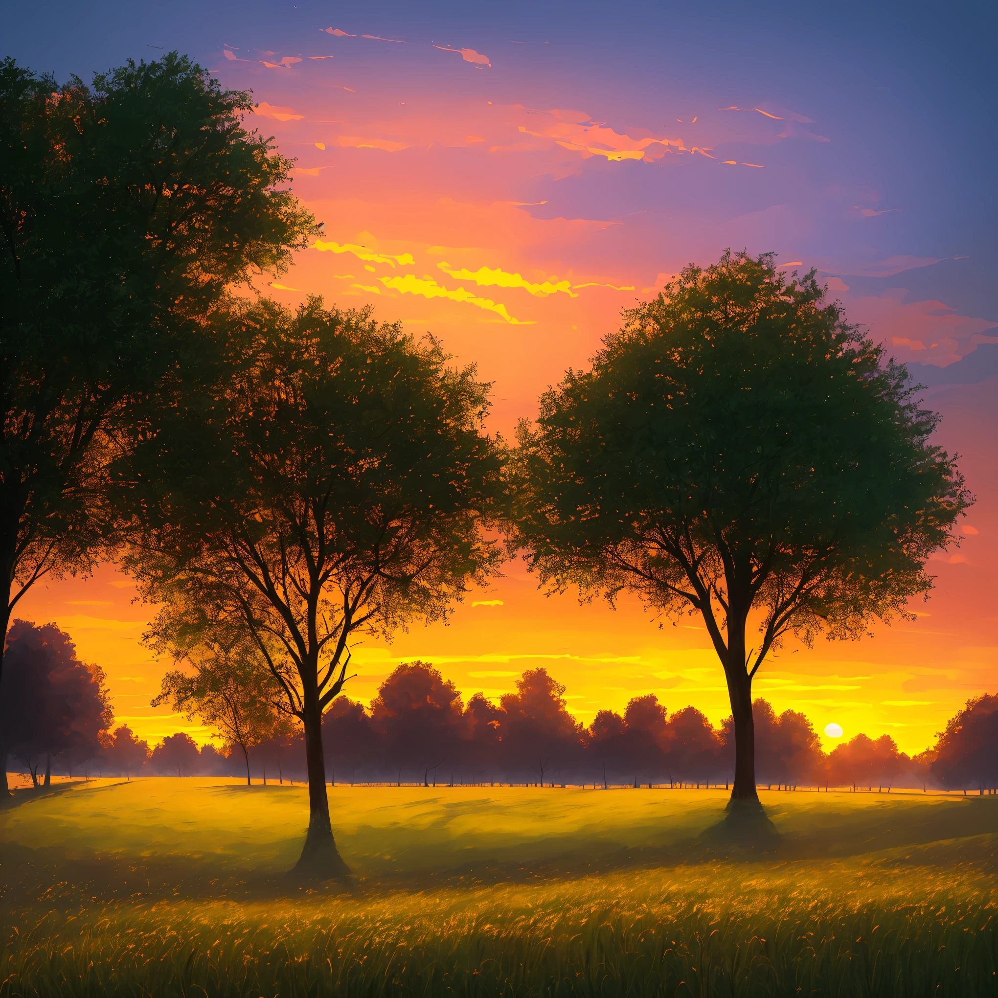 a painting of a sunset with trees and grass in the foreground, a digital painting by sylvain sarrailh, trending on Artstation, conceptual art, sunset illustration, summer sunset, beautiful illustration, art of alena aenami, beautiful dusk, artistic. alena aenami, sunset glow, beautiful sunset glow, style of alena aenami, beautiful sunset