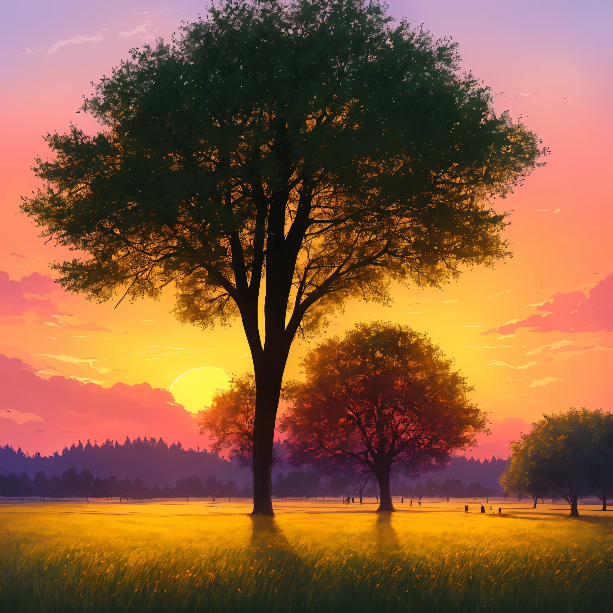 a painting of a sunset with trees and grass in the foreground, a digital painting by sylvain sarrailh, trending on Artstation, conceptual art, sunset illustration, summer sunset, beautiful illustration, art of alena aenami, beautiful dusk, artistic. alena aenami, sunset glow, beautiful sunset glow, style of alena aenami, beautiful sunset