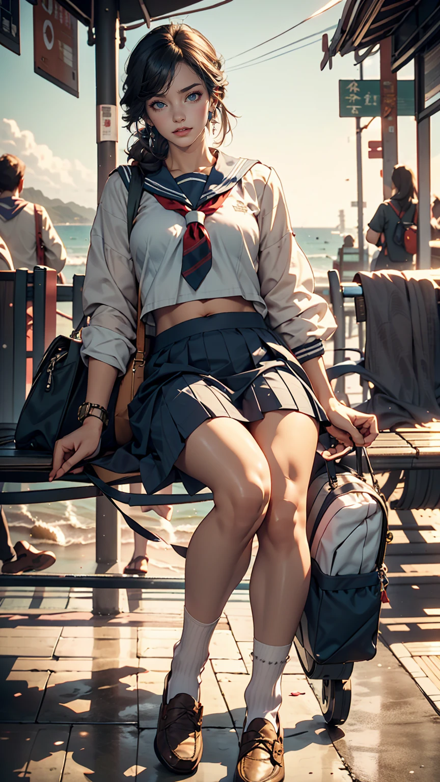 Japanese women、high school girl、White sailor suit summer uniform、Navy low rise pleated skirt、I can see my belly button、White socks、loafers、Carrying a school bag、Near the sea with a view of the horizon、Bus stop in the countryside、Sitting on an old plastic couch