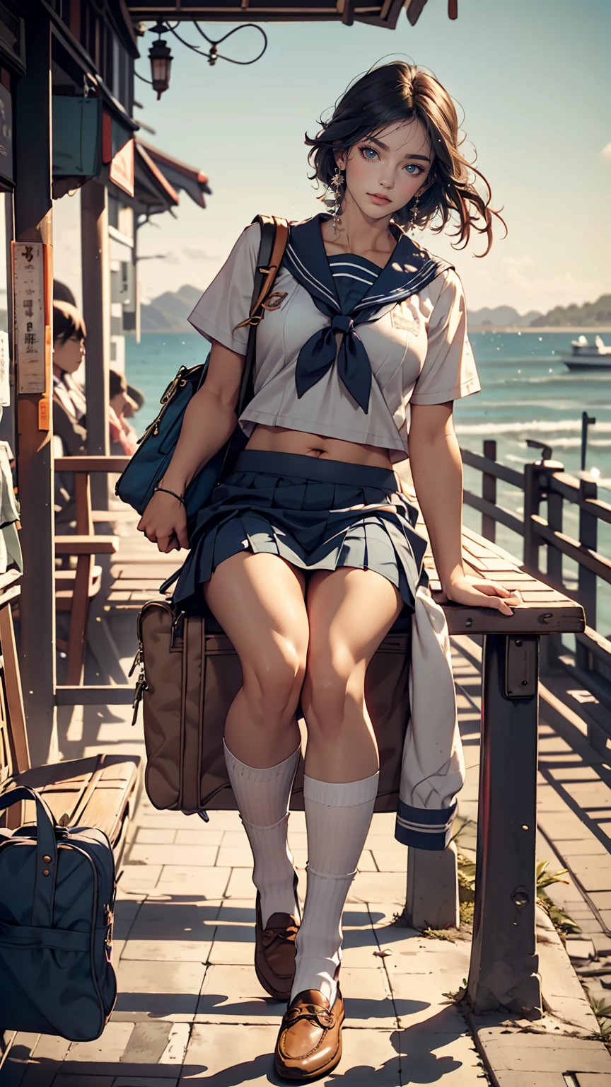 Japanese women、high school girl、White sailor suit summer uniform、Navy low rise pleated skirt、I can see my belly button、White socks、loafers、Carrying a school bag、Near the sea with a view of the horizon、Bus stop in the countryside、Sitting on an old plastic couch