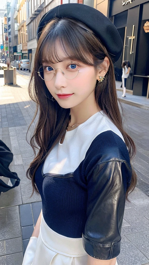 (32hair,High definition,High detail,High resolution,high density,solo,upon:1.3),(A realistic person々,Live Action,Detailed eyes,High resolutionの目,Fine Eyes,Eyes that look alive,Beautiful dark blue eyes,Fishing eyes,Detailed lips,Translucent white skin,Realistic face in every detail:1.3),(Japanese Ido,hairorean Idols,Japanese Model,hairorean models,hairorean hair-Pop Female Idols:1.2),(Blushing,Natural Makeup,necklace,Earrings,へそEarrings:1.4)(Military Cargo Pants,Colorful top with an oversized silhouette,Rajkot,Leather boots,hairnitted hats,Mode style, beautiful casual look:1.6),(Shapely breasts:1.5),(Young but very beautiful hairorean16 years old ,Cool eyes,Smile a little,Turn around,looked back,Looking into the camera,Fashion Leader,Fashion Model,Soft Skin,Unforgettable Eyes,Her eyes are so beautiful,I want to go to the Paris Collection.........,Cutting-edge fashion:1.6),(Show your whole body,Showing off full-body fashion,Stylish blue glasses:1.7)