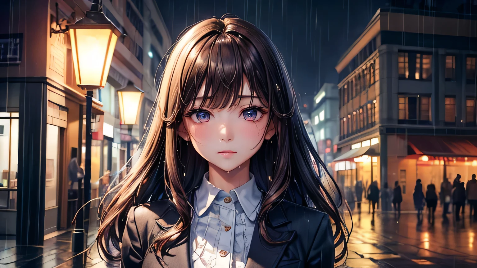 Beautiful woman 1.3, Beautiful brown hair: 1.2, , Rainy Town: 1.2,City of night,In town: 1.1, Ultra-high resolution, Accurate, Super detailed, Textured skin, High detail, highest quality, 8k,Thin bangs,Upper Body,Well-drawn eyes, Focus on the face,blazer,Detailed hair depiction,Detailed depiction of eyes、Detailed depiction of hair、rain、rain grain、Street lamp、Wet ground、Upper Body、midnight、Sad expression