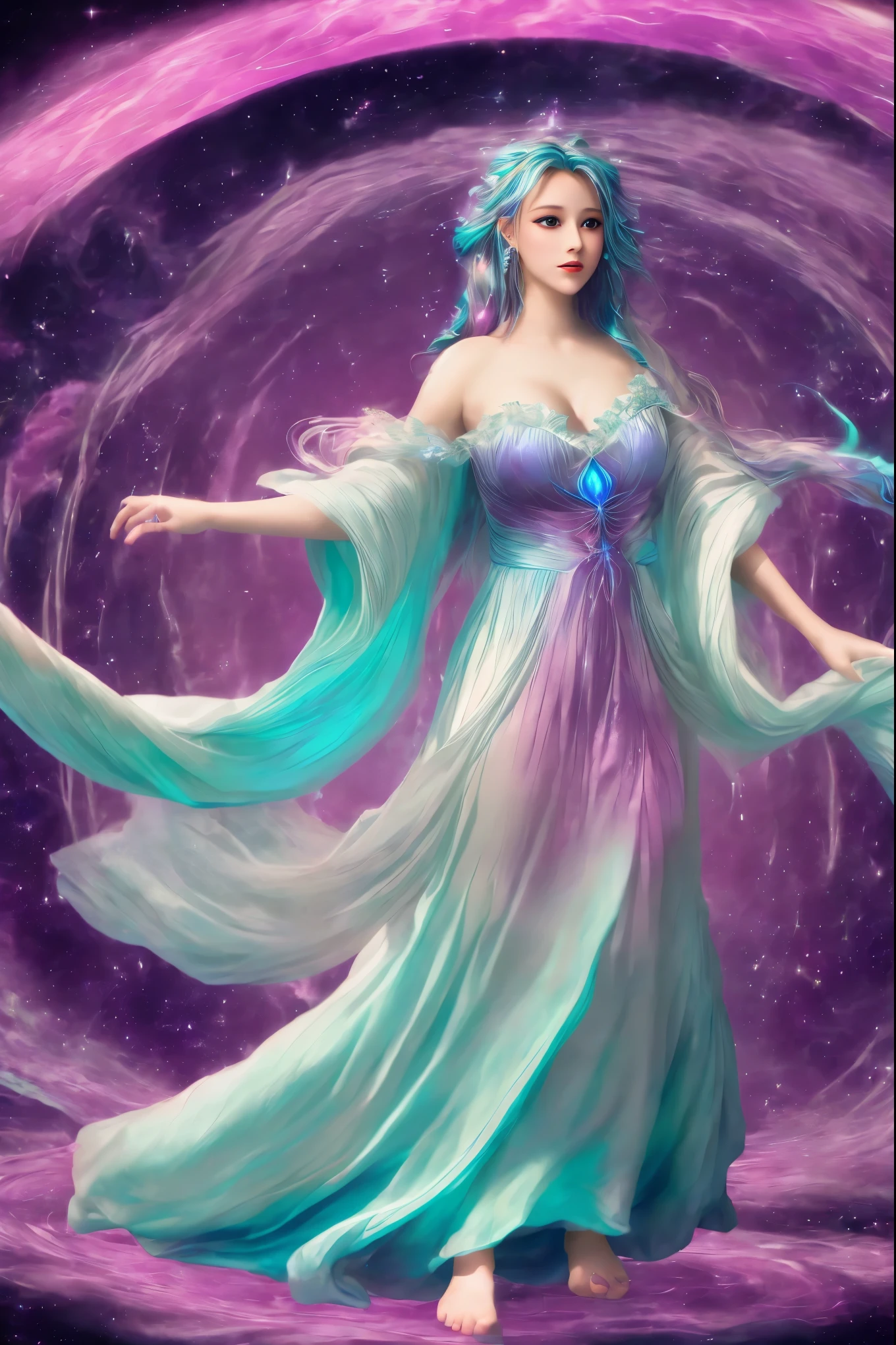 a woman in a long dress is standing in a swirling vortex, astral ethereal, flowing magical robe, channeling swirling energy, astral appearance, wearing flowing robes, portal to the ethereal realm, ethereal and otherworldly, strange ethereal being, flowing robes, swirling magical energy, an interdimensional being, beautiful celestial mage, ethereal angelic being of light
