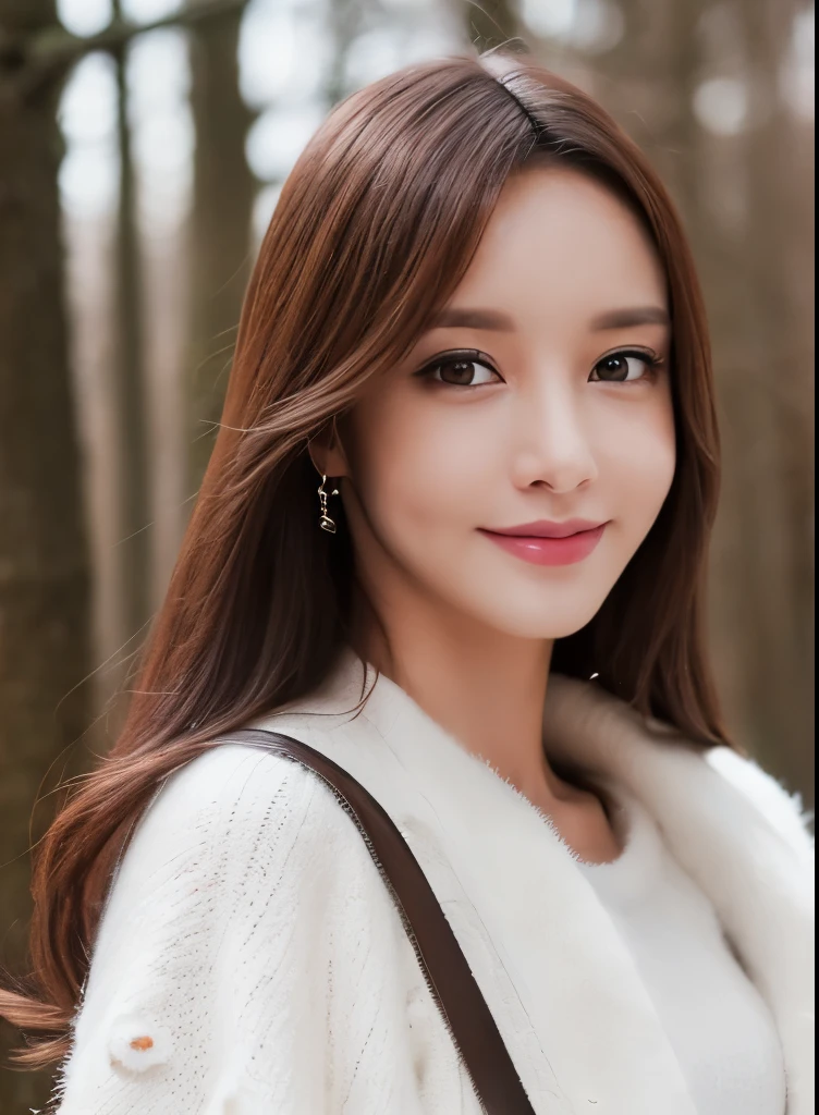 1girl in, (Wearing a white coat:1.2), (Raw photo, Best Quality), (Realistic, Photorealsitic:1.4), master piece, close up,Extremely delicate and beautiful, Extremely detailed, 2k wallpaper, amazing,((white sweater)) ,finely detail, the Extremely Detailed CG Unity 8K Wallpapers, Ultra-detailed, hight resolution, Soft light, Beautiful detailed girl, extremely detailed eye and face, beautiful detailed nose, Beautiful detailed eyes, Cinematic lighting, Winter Night View, Perfect Anatomy, Slender body, ((soft smiling)),((winter, in forest, woods)), snowfall,
