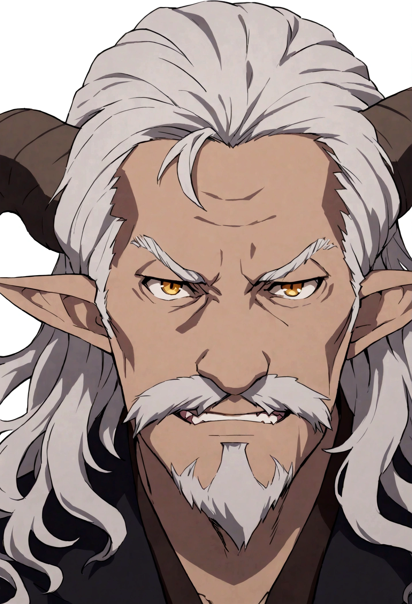 a older man with wrinkles and brown skin, gothic clothing, short curly salt and pepper hair with goatee and mustache, curly ram horns, pointed ears, evil, smile with fangs, orange and yellow eyes, akira toriyama