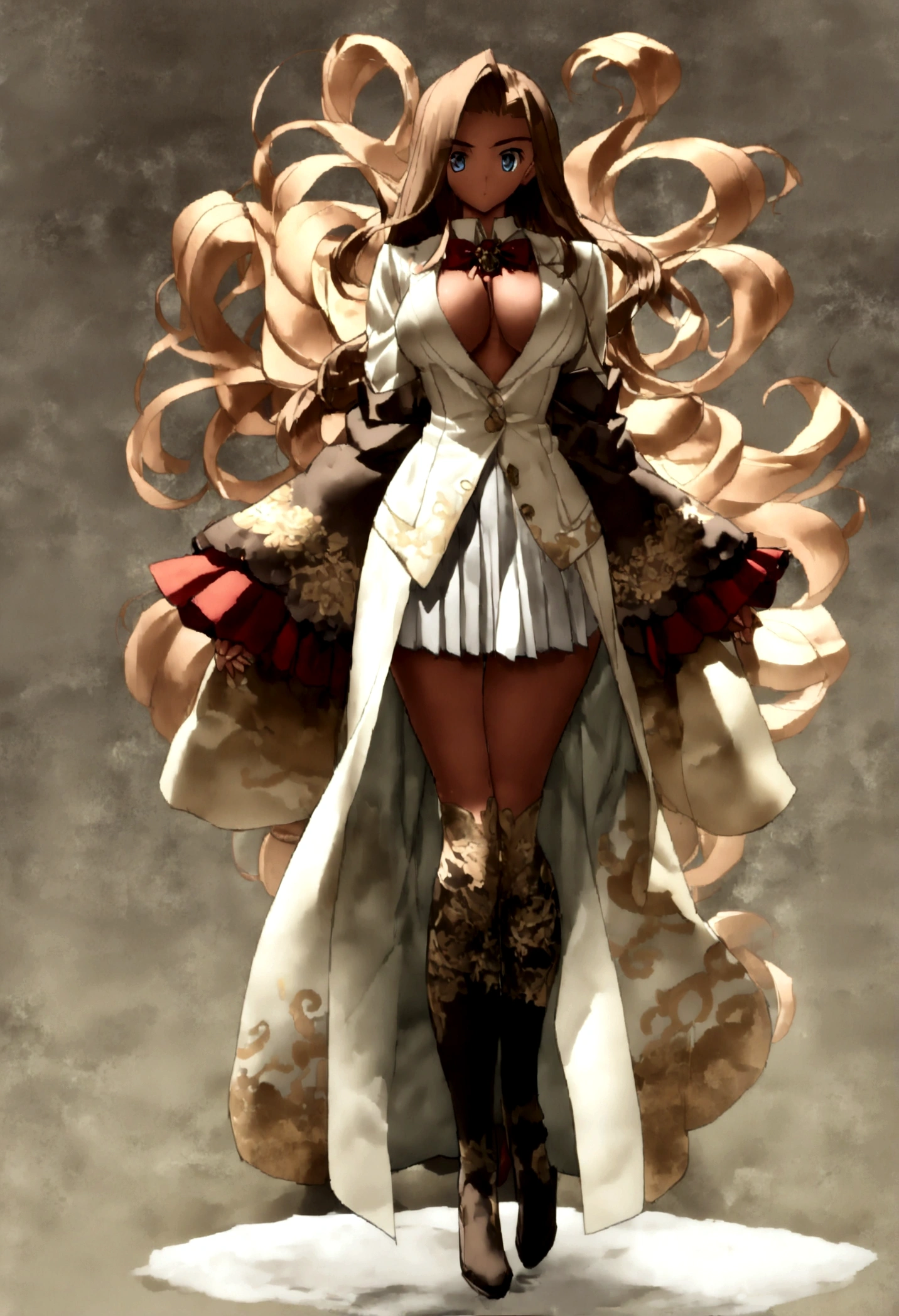 BREAK, centered, BREAK, (EMPTY BACKGROUND), BREAK, (masterpiece), best quality, highest resolution, 8k, illustration, (beautiful detailed eyes:1.5), extremely detailed face, extremely detailed body, CG, perfect hands, perfect anatomy, ((1girl)), ((solo)), (((bbaoko))), ((2 legs max)), ((2 feet max:1.5)), ((swirling vortex shaped longest brown hair:1.5)), (brown longest hair with slightly reddish undertone:1.6), (lush luscious longest brown hair:1.6), (very long voluminous longest brown hair:1.5), serious, blue eyes, red bowtie, (Form-fitting beige blazer:1.5), brown jacket, (highly detailed beautiful face:1.2), (white shirt:1), (well shaped large breasts:1.6), (nice hips:1), pretty legs, (highest black socks:1.5) ((Umber pleated skirt:1.6)), ((bkshrt:1)), (toned visible skin thighs:1.6), (strap shoes brown color), (facing front:1.5), ((standing straight:1.5)), ((Fullbody in frame:1.5)), ((Full body:1.5)), (takeuchi takashi:1.3)