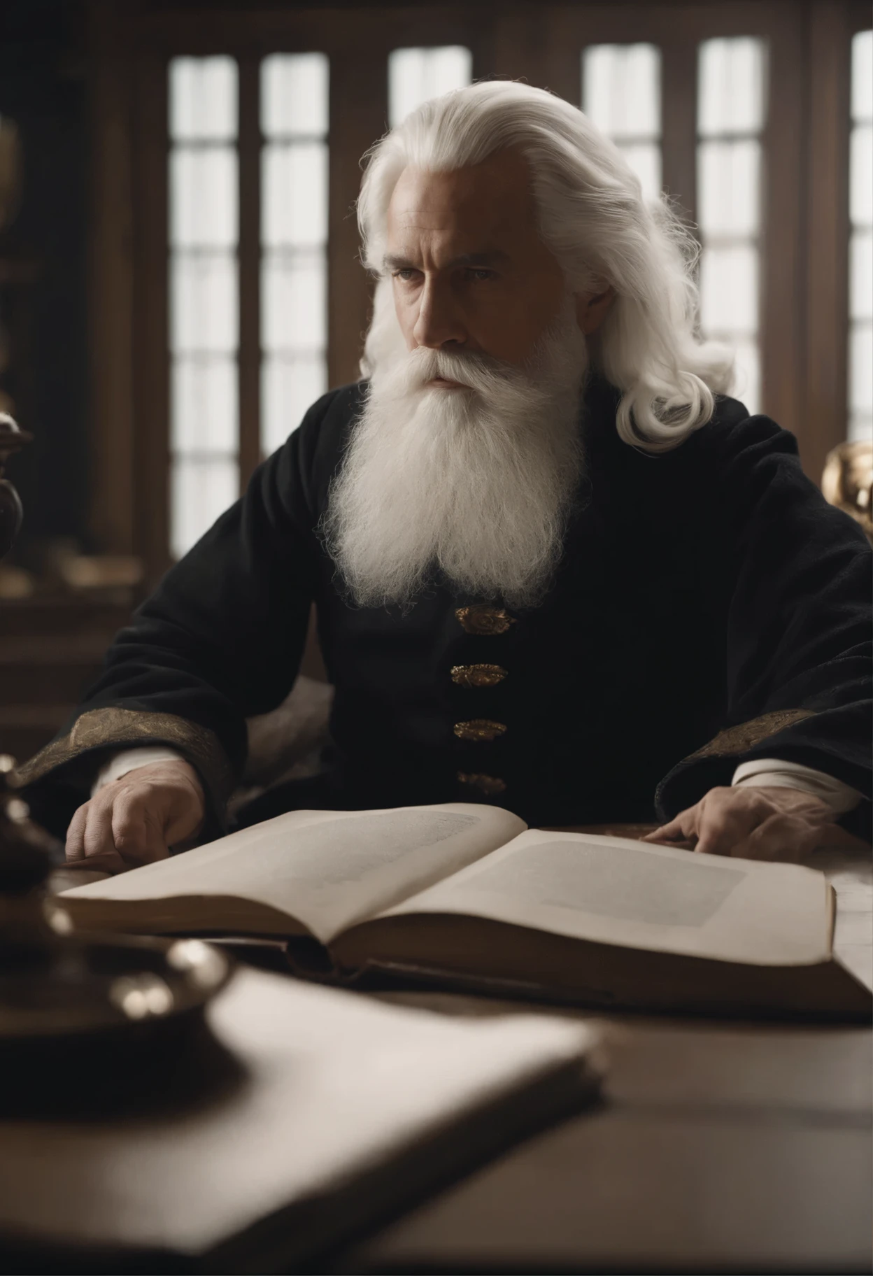 There was a man sitting at the table，Holding a book, photo still of, neat white beard and hair, Long white hair and white beard, wizard sits reading at a desk, White hair and white beard,  Long white beard, long white hair and beard, full white beard, short white beard, Handsome man